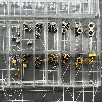 Silver and gold stainless steel screw-on watch crown with gasket, durable replacement accessory.