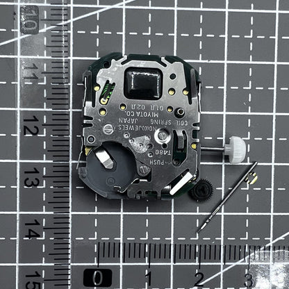Japan Miyota T480 quartz movement watch mechanism with 3 hands and display screen for precise timekeeping.