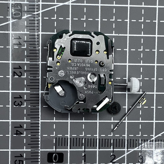 Japan Miyota T480 quartz movement watch mechanism with 3 hands and display screen for precise timekeeping.