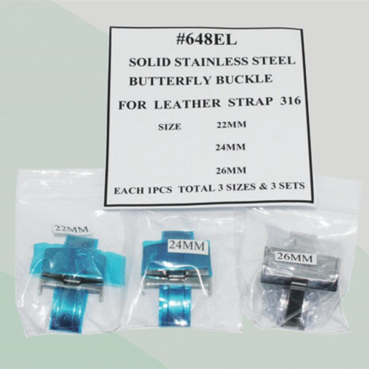 Set of 3 solid stainless steel butterfly buckles, 22-26mm, for leather watch straps.