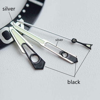 13mm Silver+Black Trim Hollow Green Lume Watch Hands Set for Movement NH35 NH36