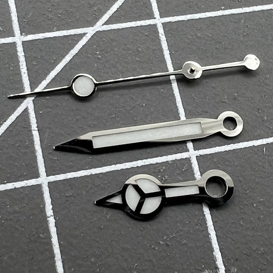 Luminous watch hands set for RLX 3135 movement with hour, minute, and second hands by Luminous.