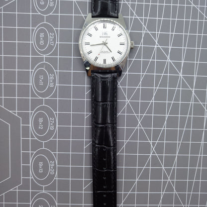 Shanghai Factory 38mm manual mechanical watch with white dial, 3 hands, 19 jewels, classic style.