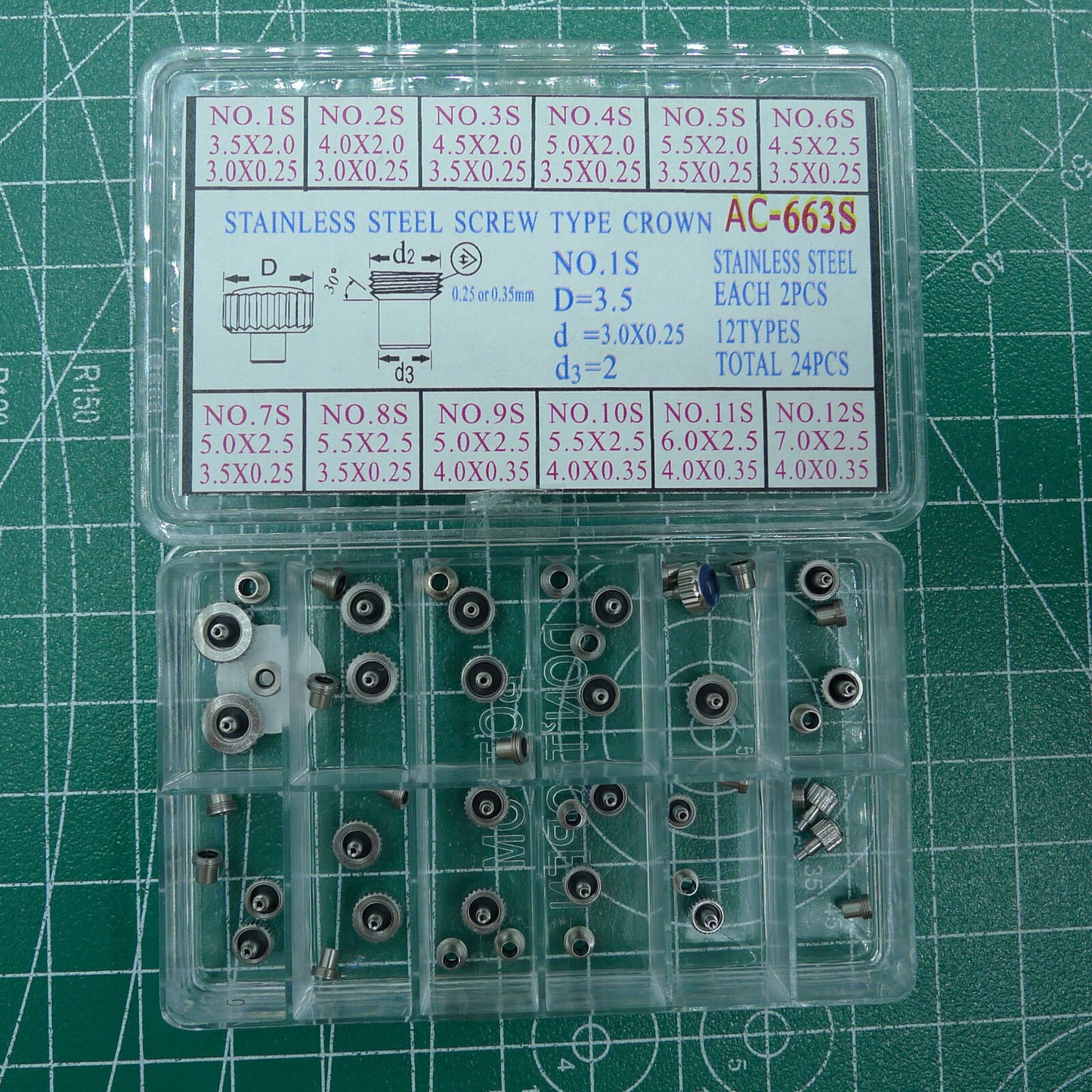AC-663S stainless steel screw type crown set, 24pcs watch accessories for secure timepiece repair.