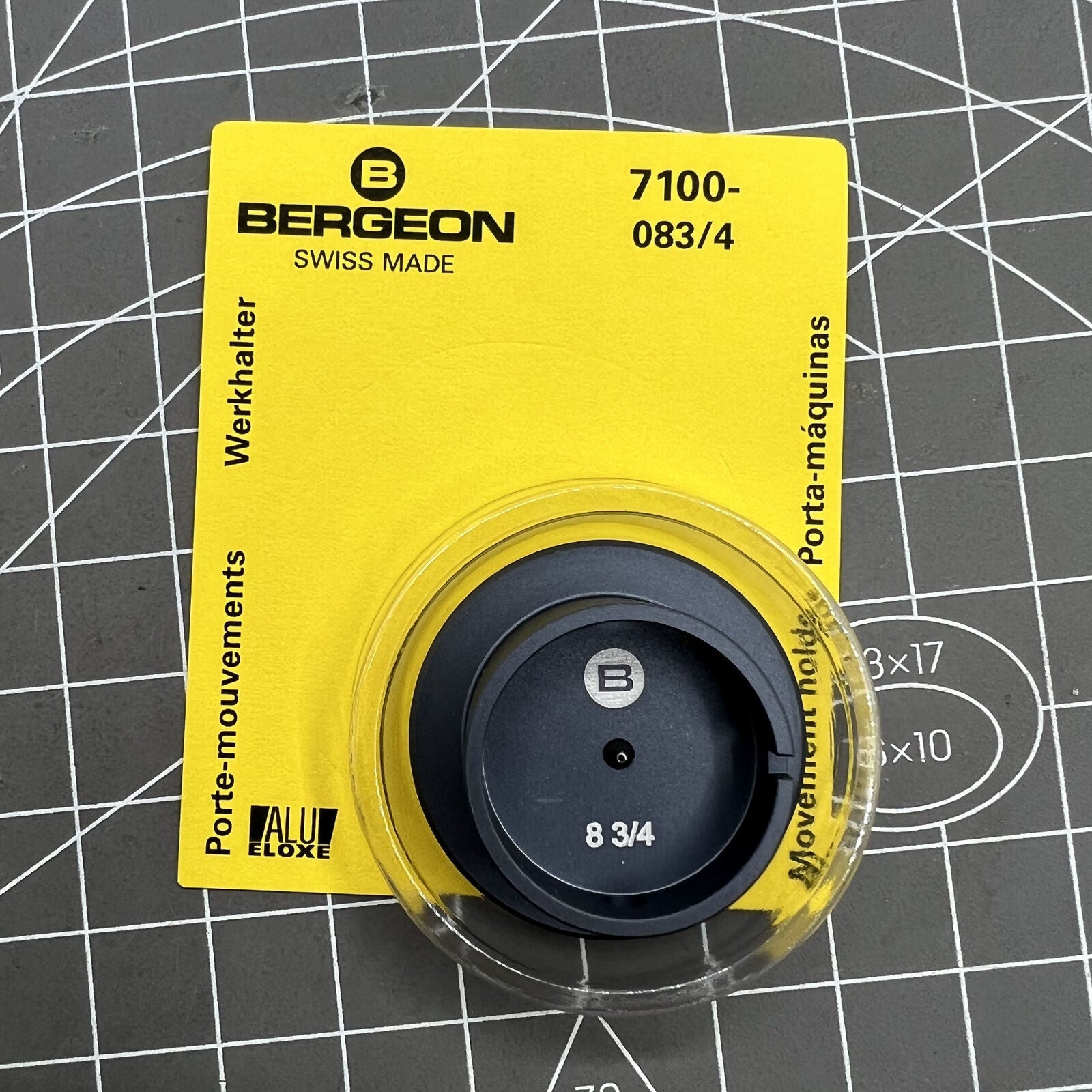 Swiss Bergeon 7100-08 watch movement holder securely supports standard 3/4 size movements for repairs.
