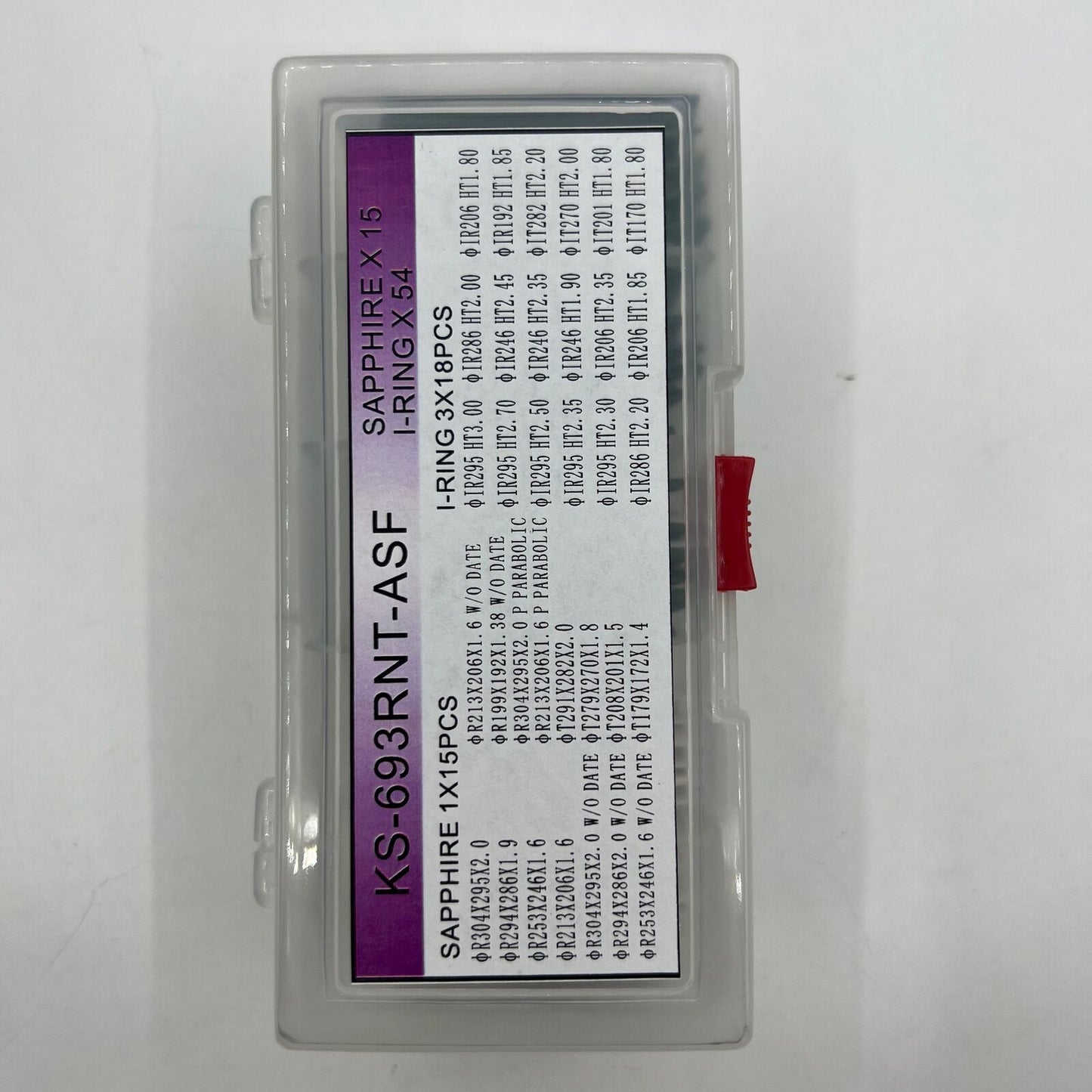 Watch parts set with 15 sapphire sizes and 18 I-Ring sizes by Rolex, 69 pieces box for repairs.