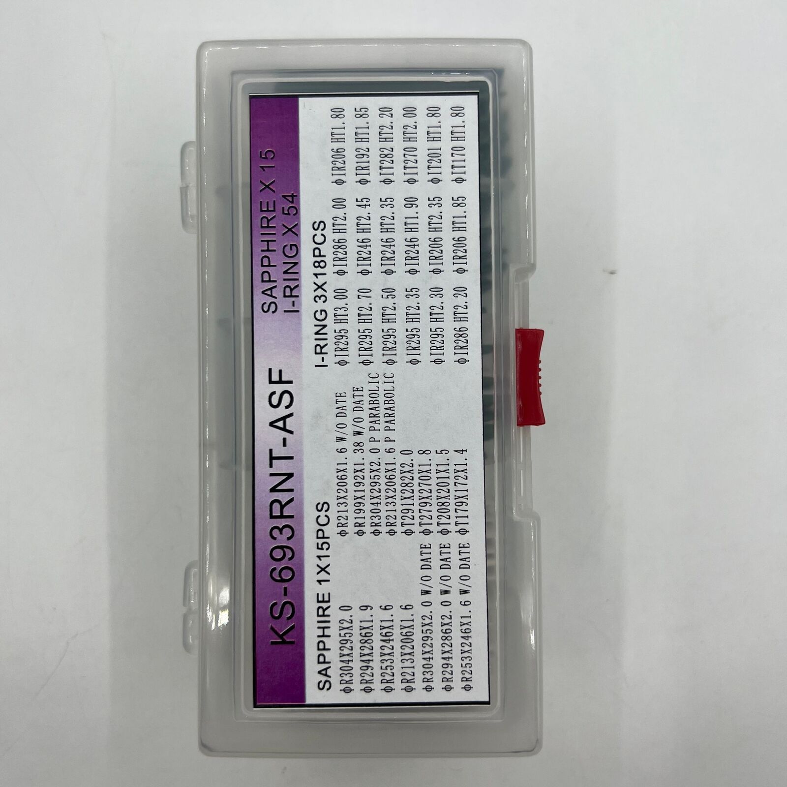 Watch parts set with 15 sapphire sizes and 18 I-Ring sizes by Rolex, 69 pieces box for repairs.