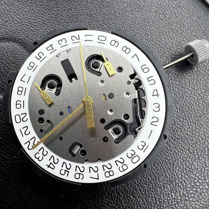 Swiss ETA G10.212 quartz watch movement showing 3 hands and date function for precision timing.