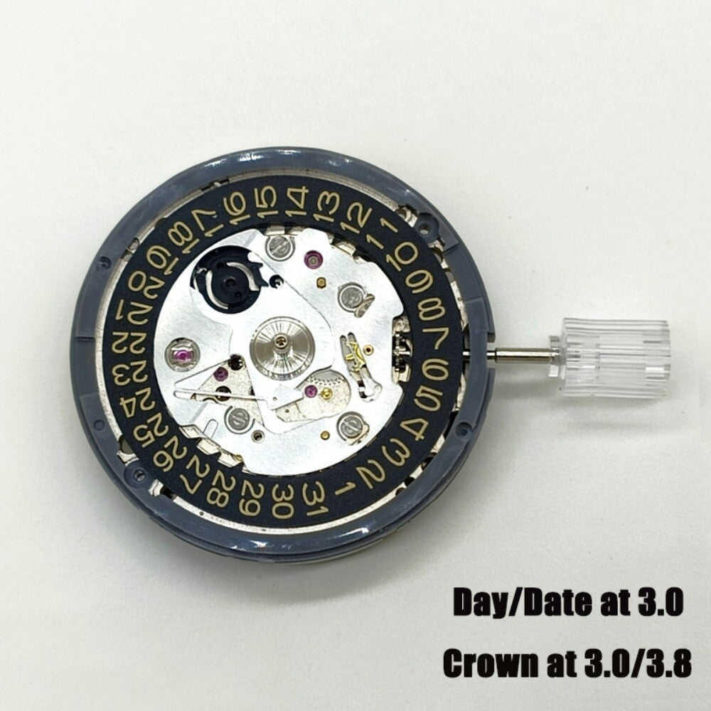 NH35A automatic mechanical movement with golden date, crown at 3 o'clock, compatible with SKX007 watches.