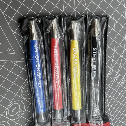 Scratch brush set with glass, steel, and nylon bristles for electronic watch repair.