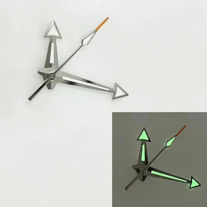 Green luminous arrow-shaped watch hands with silver trim, compatible with 8200/8215 movements,.