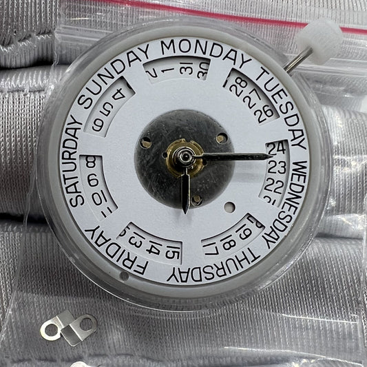 Luxury 2834-2 mechanical watch movement with double calendar, date at 3, day at 12, precision engineered