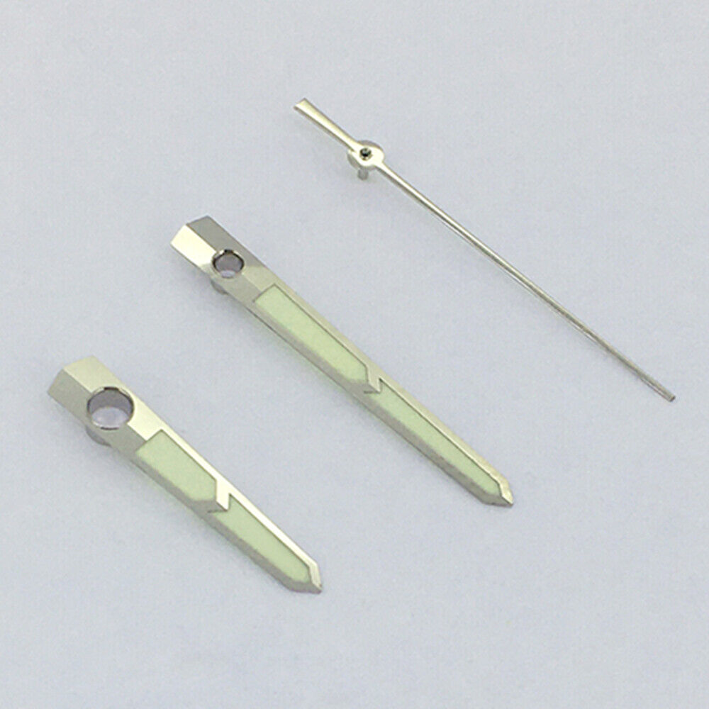 Green luminous watch hands glowing brightly, compatible with China Made 8215/2813 and Miyota 8N24 movements for clear time reading.