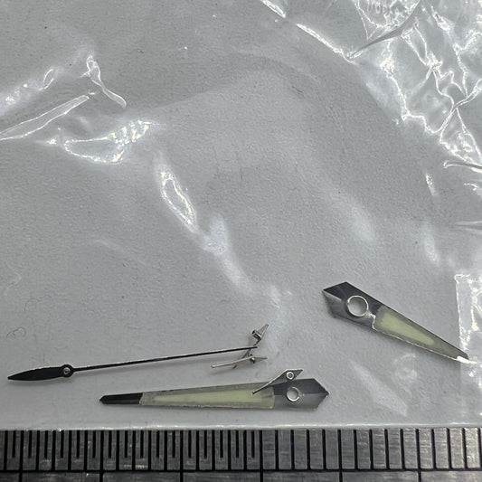 Silver-trimmed 12.5mm green luminous watch hands compatible with Miyota 0S60 movement.