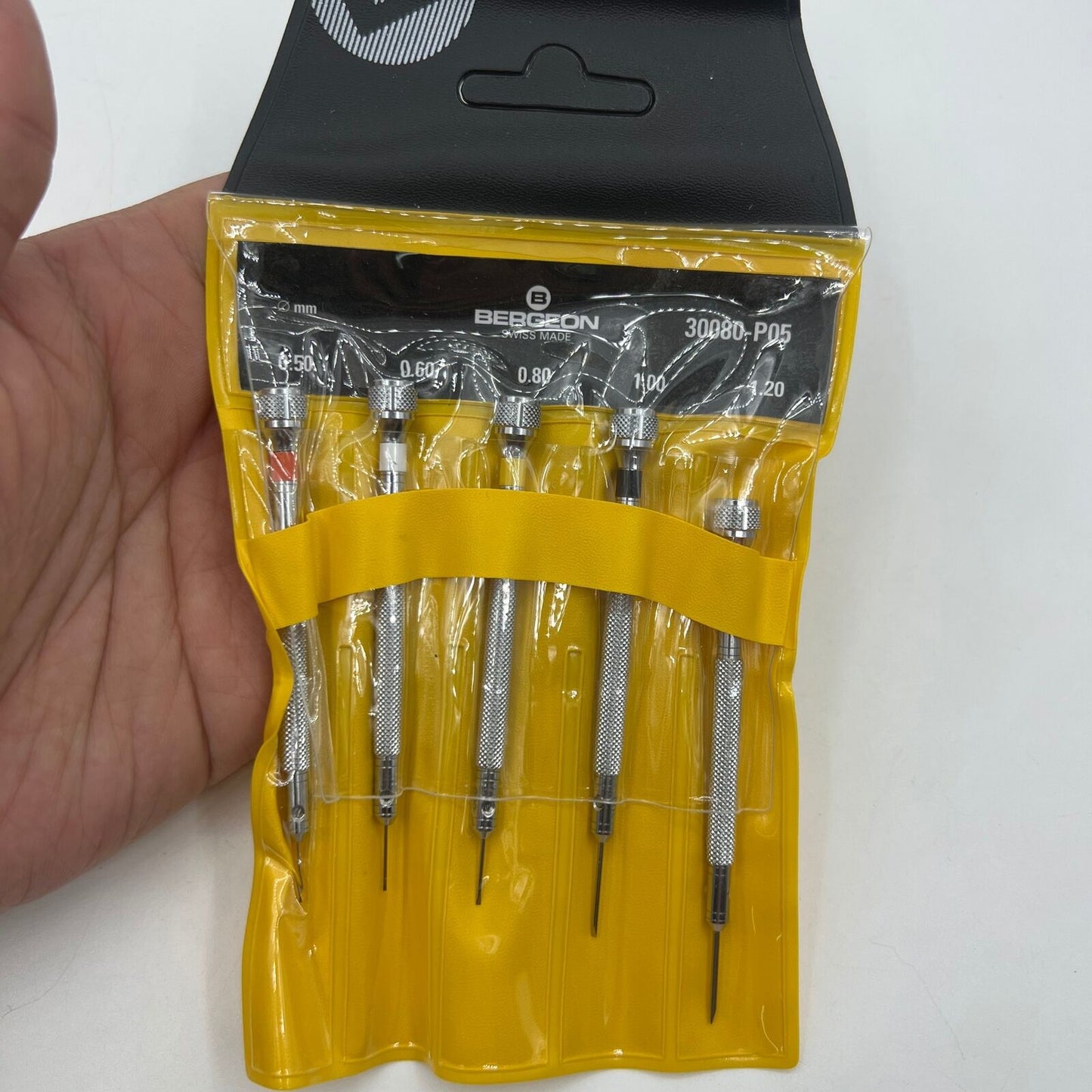 Bergeon 30080-P05 2868 set of 5 precision watchmakers screwdrivers in a black pouch for watch repair.