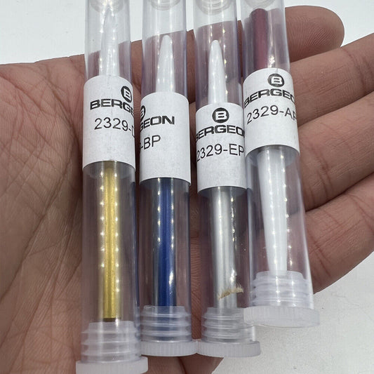 Bergeon 2329 Series watch oilers set of 4 with stand, precise lubrication tools for watchmakers.
