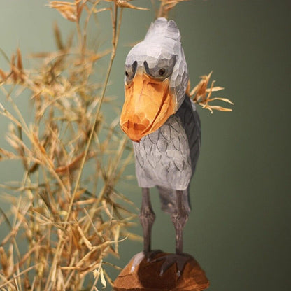 Handmade Shoebill wooden figurine, ideal for home decor and art collection display.