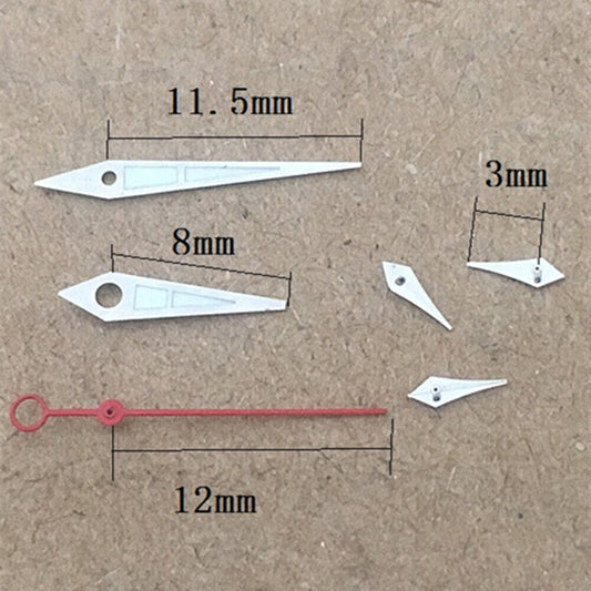 Green luminous watch hands with silver trim for ISA 9238 quartz movement, precise and durable.