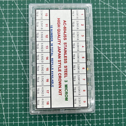36-piece stainless steel watch crown kit, Japan style, high-quality brand assortment for watch repair and customization.