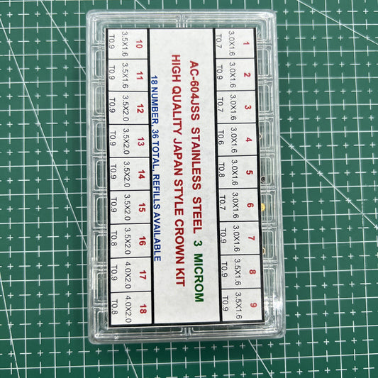 36-piece stainless steel watch crown kit, Japan style, high-quality brand assortment for watch repair and customization.