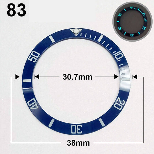 38mm blue luminous ceramic watch bezel with silver font, perfect for watch accessories.