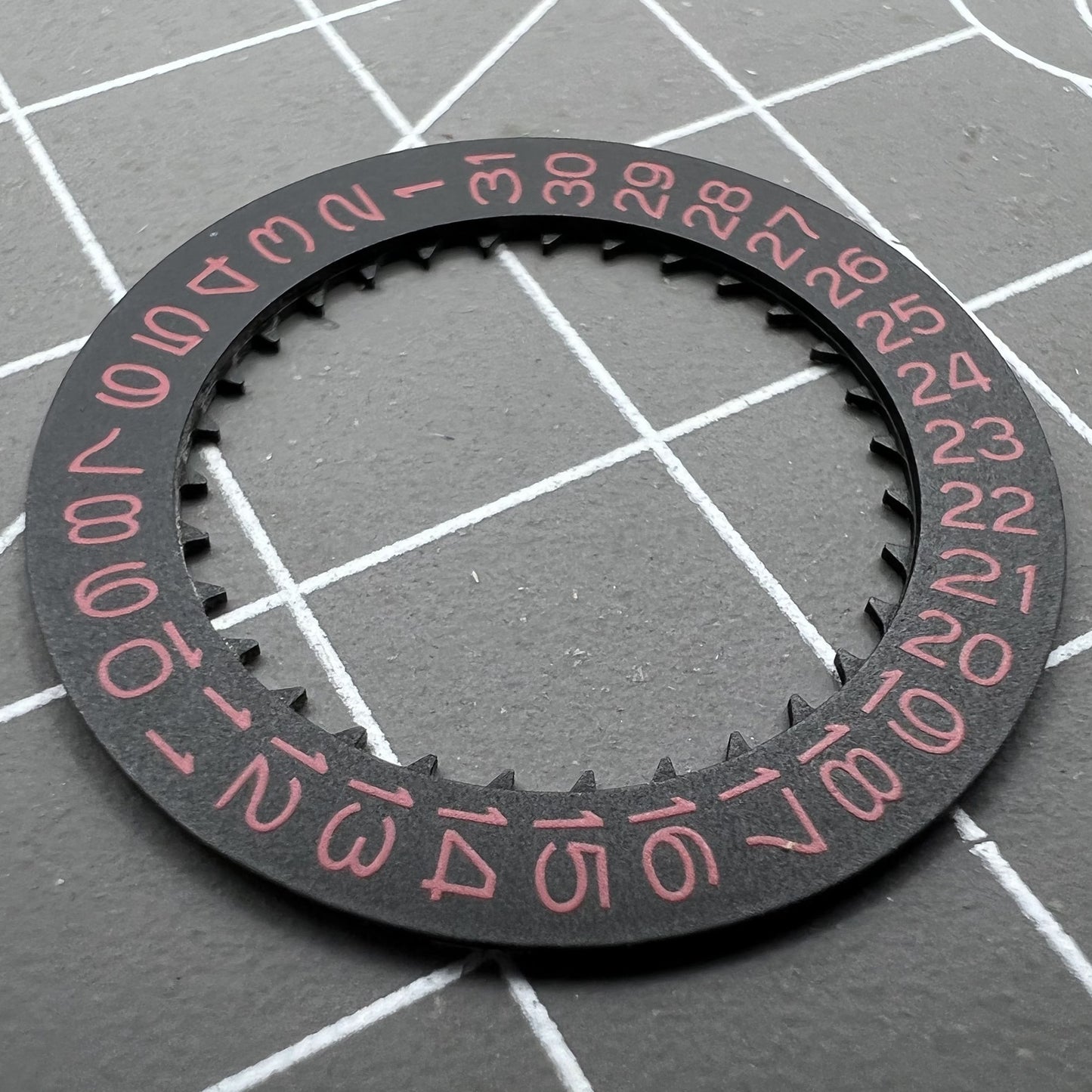 Black date disk wheel with red font for NH36 NH35 movement, date at 3 o'clock, crown at 3.8 position, precision fit.