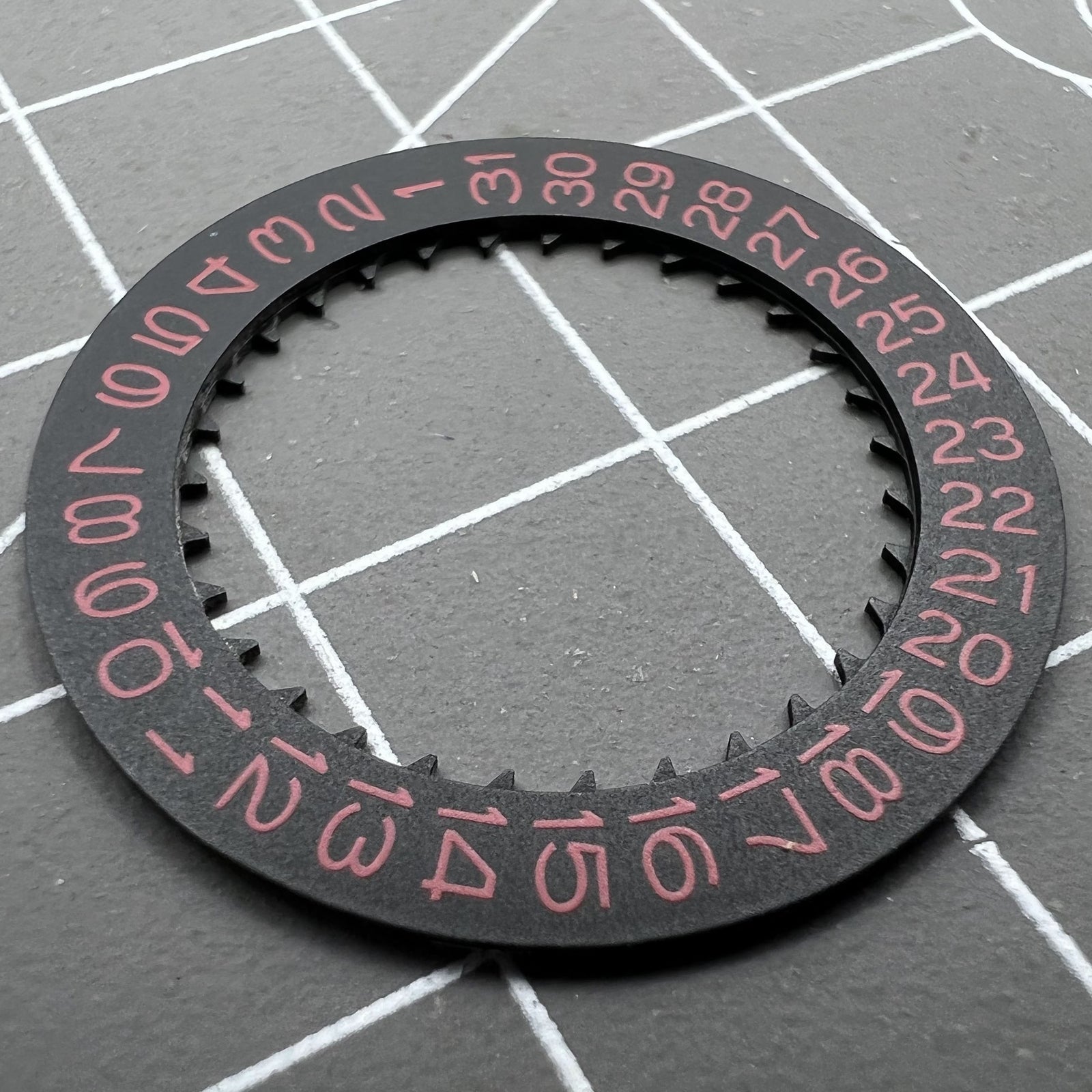 Black date disk wheel with red font for NH36 NH35 movement, date at 3 o'clock, crown at 3.8 position, precision fit.