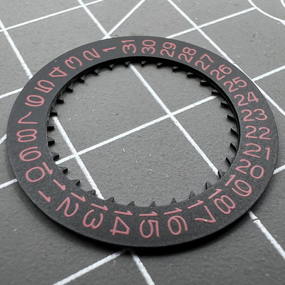 Black date disk wheel with red font for NH36 NH35 movement, date at 3 o'clock, crown at 3.8 position, precision fit.