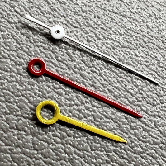 Set of yellow, red, and white watch hands for Miyota 2035, 2115, 2105, 2305 movements.