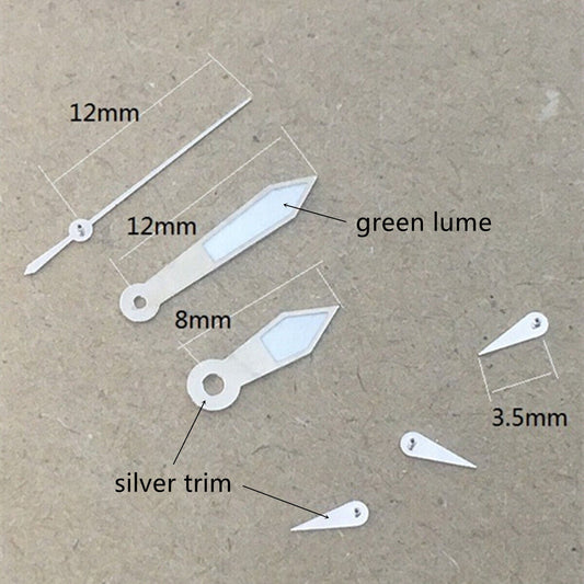 Aiguilles de montre luminescentes vertes 12 x 12 x 8 mm avec garniture argentée pour mouvement Epson VD53, VD54 et VD57