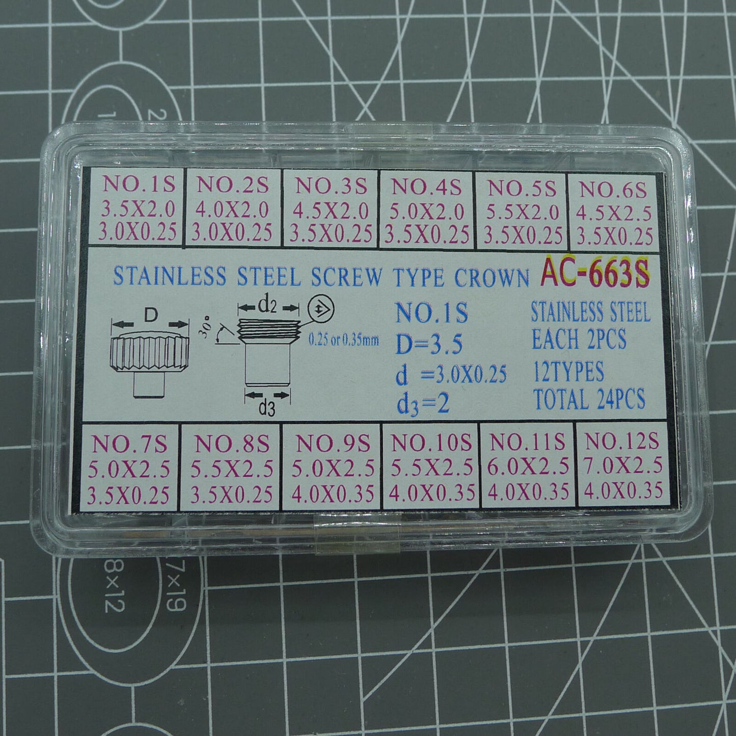 Set of 24 AC-663S stainless steel screw type crowns for watch repairs, durable and precise.