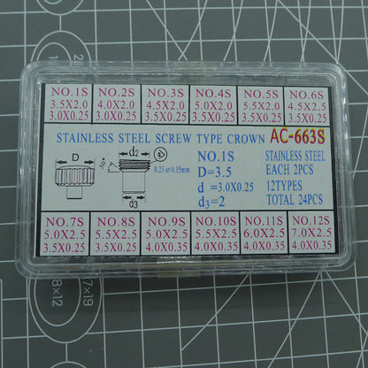 Set of 24 AC-663S stainless steel screw type crowns for watch repairs, durable and precise.