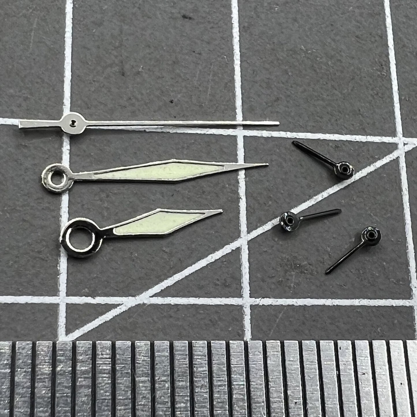 Diamond-shaped green lume watch hands for Miyota OS60 movement, precise timekeeping.