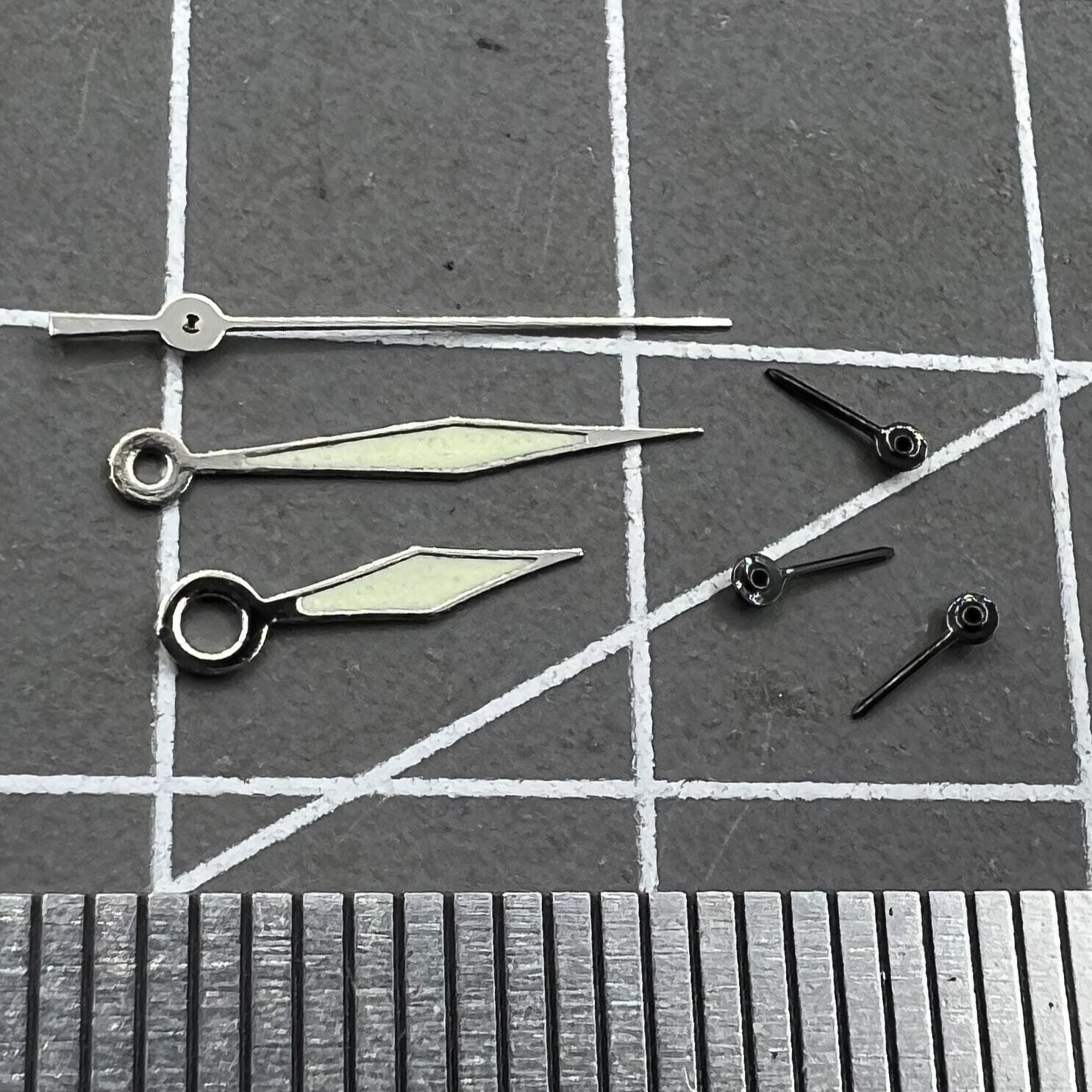 Diamond-shaped green lume watch hands for Miyota OS60 movement, precise timekeeping.