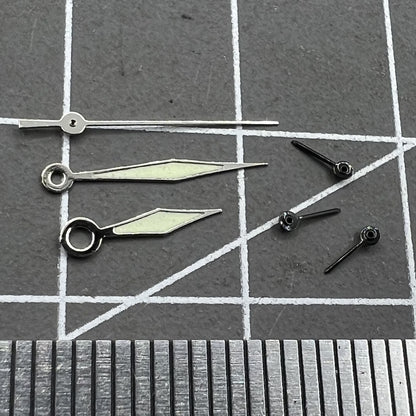 Diamond-shaped green lume watch hands for Miyota OS60 movement, precise timekeeping.