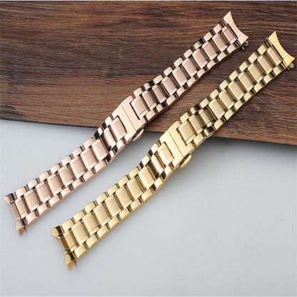 Curved end steel watch band 12-24mm with butterfly clasp, durable strap for elegant watches.