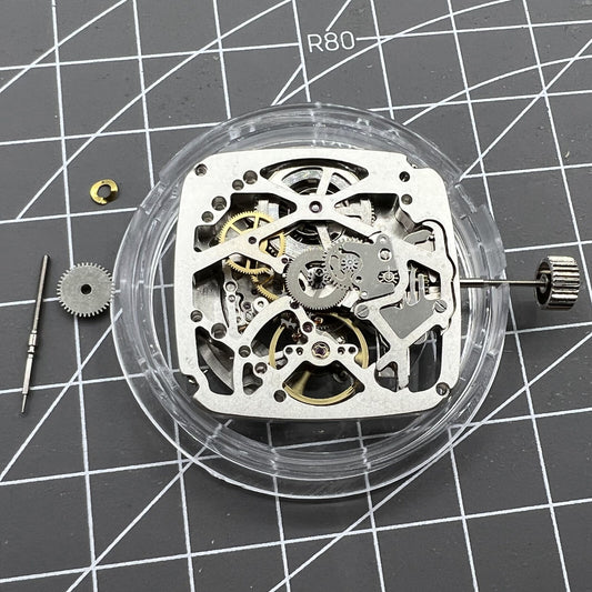Tianjin Seagull ST25 square watch with silver hollow dial and automatic mechanical movement.