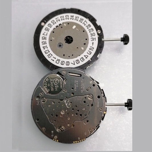 Miyota 6S10 quartz movement with date at 3, small second hands at 6, 9, and 12