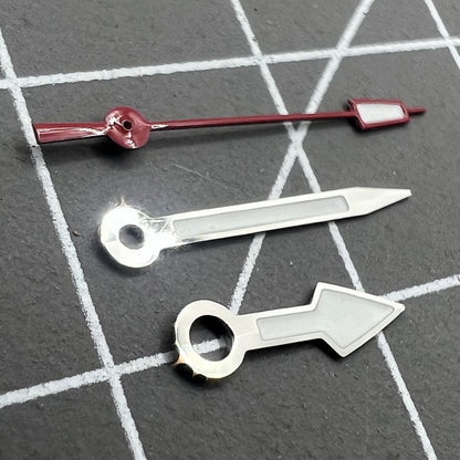 Arrow-shaped silver watch hands with red second hand and green lume, compatible with NH35 NH36 movements by Arrow.