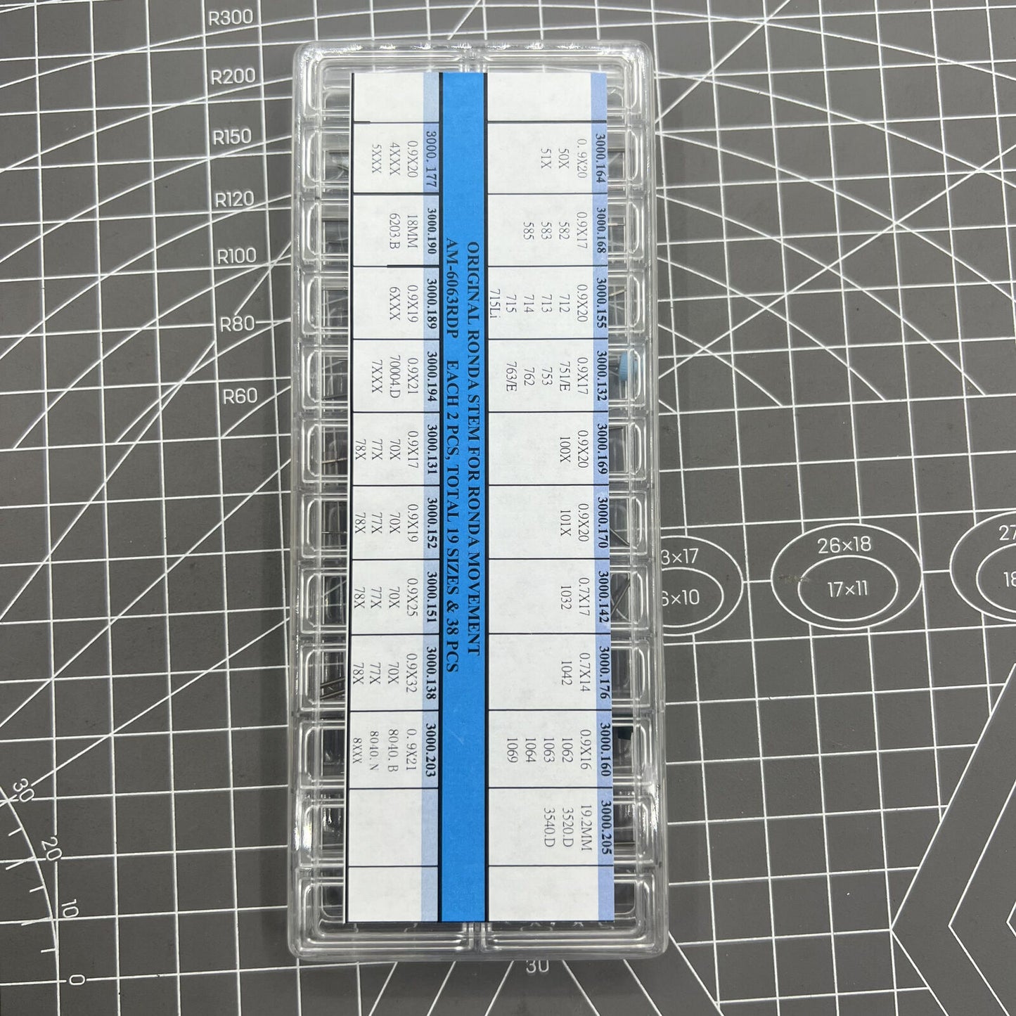 Set of 38 original Ronda winding stems in 19 sizes for precise watch movement adjustments