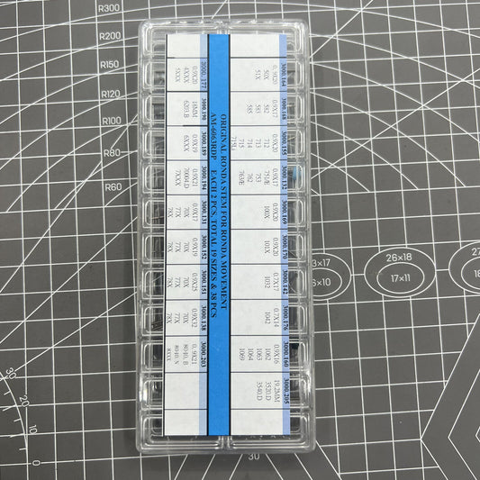 Set of 38 original Ronda winding stems in 19 sizes for precise watch movement adjustments