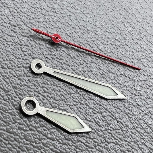 Set of silver-trimmed red second hand and green lume hands for Miyota 1M12 watches.