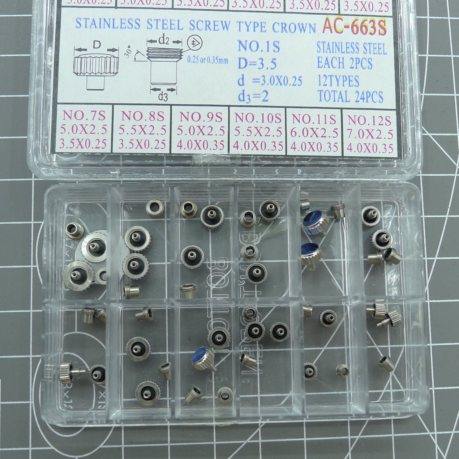 Set of 24 AC-663S stainless steel screw type crowns for precise watch repairs. Durable and reliable.