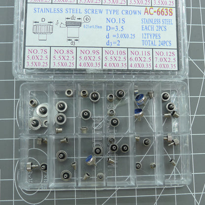 Set of 24 AC-663S stainless steel screw type crowns for precise watch repairs. Durable and reliable.