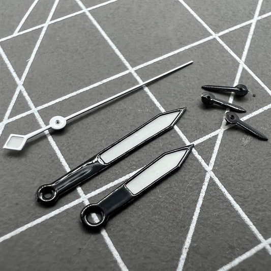 14.5mm black and silver trimmed white painted watch hands for VD53 VD54 VD57 movement, precision design.
