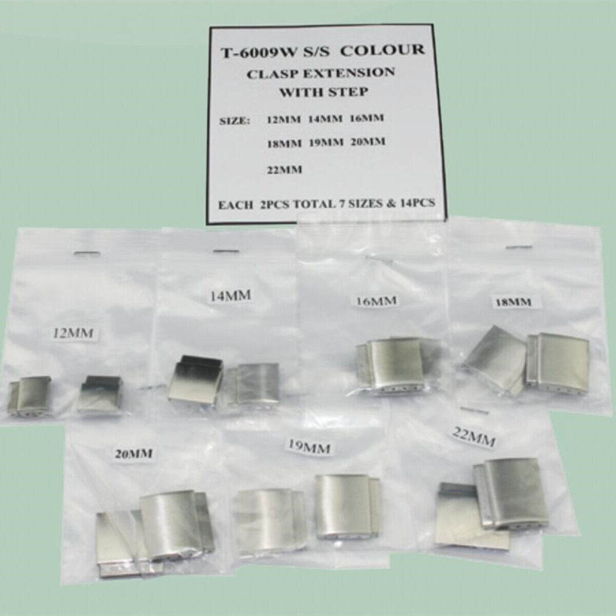 Set of 14 solid 316 stainless steel clasp extensions in 7 sizes for step watch buckles, durable and stylish.