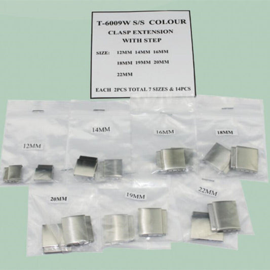 Set of 14 solid 316 stainless steel clasp extensions in 7 sizes for step watch buckles, durable and stylish.