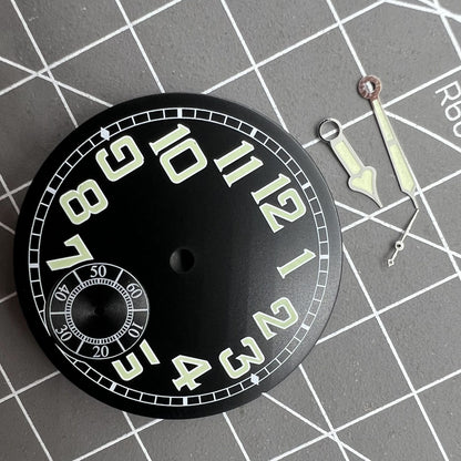 35mm black pilot watch dial with green luminous hands for ETA6498 men's watch, perfect for aviation enthusiasts.