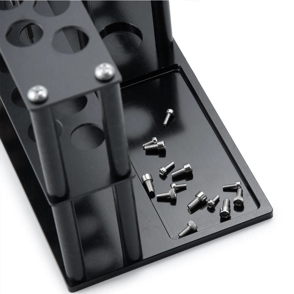 Multifunction metal screwdriver storage rack, compactly organizing tools for efficient workspace.