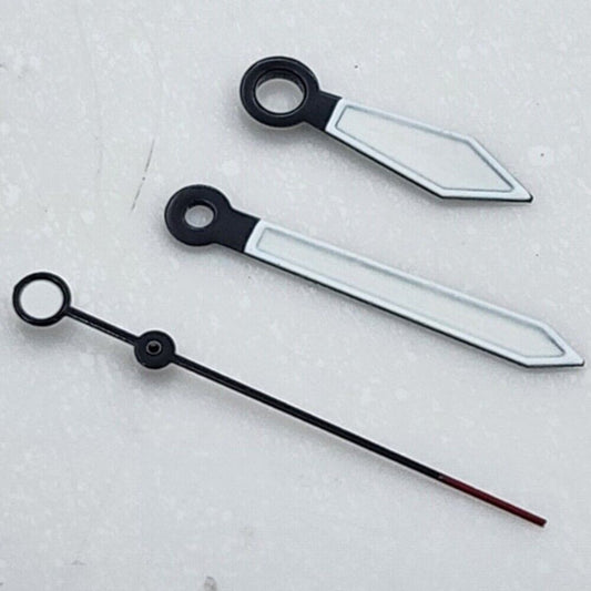 Black+White arrow-shaped watch hands with green lume, compatible with NH35 NH36 movement, for precise timekeeping.